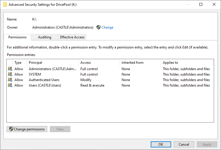 Screenshot of the default permissions for a pool drive.